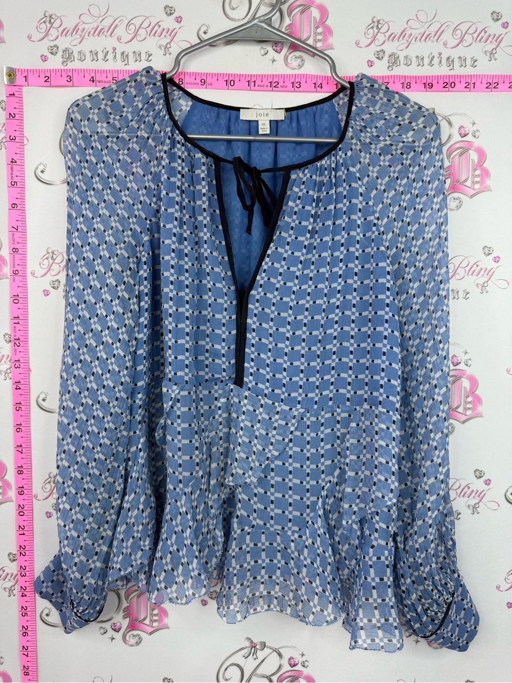Joie Blue Geometric Tie-Neck Peasant Blouse